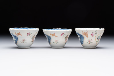 Eleven Chinese famille rose cups and nine saucers, Yongzheng/Qianlong