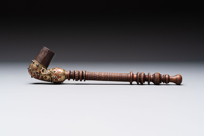 A Persian wooden pipe with bronze and steel mounts, Iran, 19th C.