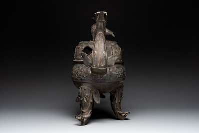 A massive Chinese archaistic bronze 'elephant' censer and cover, Ming