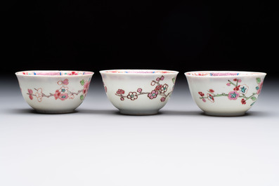 Eleven Chinese famille rose cups and nine saucers, Yongzheng/Qianlong