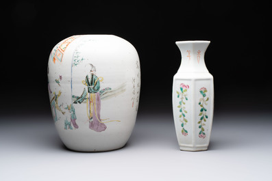 Three Chinese famille rose vases, two hat stands and a jar, 19th C.