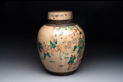 Five Chinese Nanking famille verte, rose, blue and white vases and two jars, 19th C.