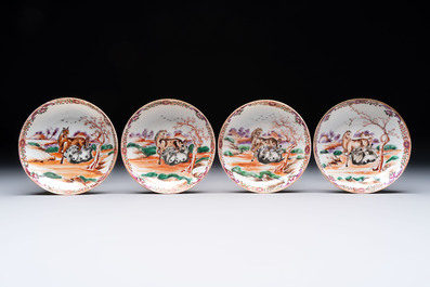A set of four Chinese famille rose cups and saucers with horses, Qianlong