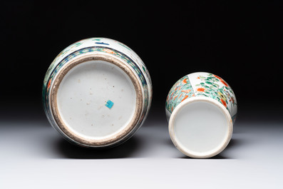 Four Chinese famille verte vases, a jar and a bowl, 19th C.
