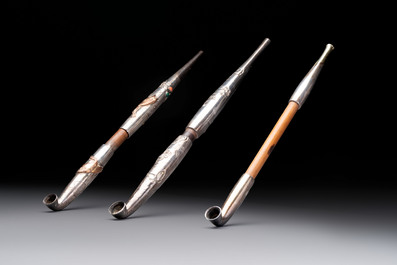 Three Japanese parcel-gilt silver and wooden 'Kiseru' or tobacco pipes, 19/20th C.