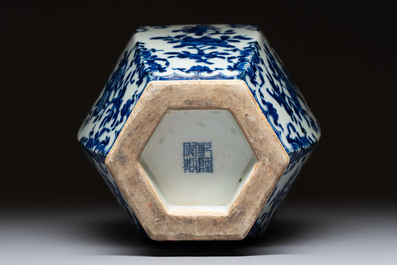 A Chinese blue and white hexagonal vase with floral design, Qianlong mark and of the period