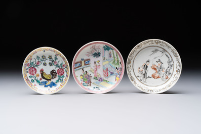 Three Chinese famille rose and grisaille cups and saucers, Qianlong