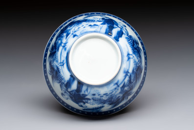 A rare Chinese blue and white 'Dames au Parasol' cup and saucer after Cornelis Pronk, Qianlong, ca. 1738