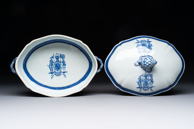 A set of two Chinese blue and white armorial dishes, a stand, and a tureen with the arms of Hughes for the English market, Qianlong, ca. 1790