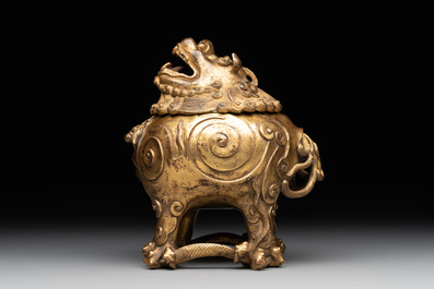 A finely cast Chinese gilt-bronze 'luduan' censer, possibly Ming