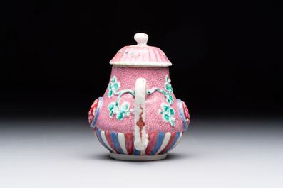 A Chinese famille rose frogspawn-ground relief-molded teapot and cover, Yongzheng