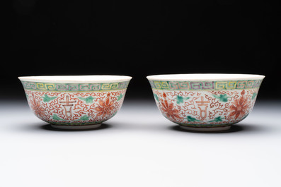 Seven Chinese famille rose bowls with floral design, various marks, 19/20th C.
