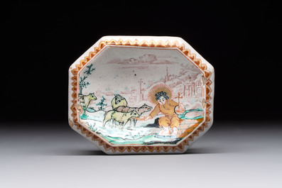 A fine polychrome Dutch Delft dor&eacute; 'good shepherd' salt, 18th C.