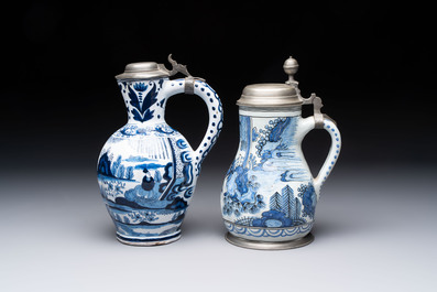 Two blue and white Dutch Delft chinoiserie jugs with pewter lid, 17/19th C.