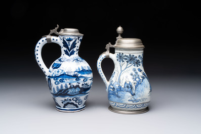 Two blue and white Dutch Delft chinoiserie jugs with pewter lid, 17/19th C.