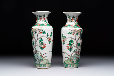 A pair of Chinese famille verte 'warriors' vases and a pair of 'birds among blossoming branches' vases, 19th C.