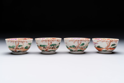 A set of four Chinese famille rose cups and saucers with horses, Qianlong