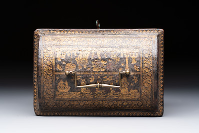A Flemish gilt-tooled leather casket with hunting scenes, probably Antwerp, early 17th C.