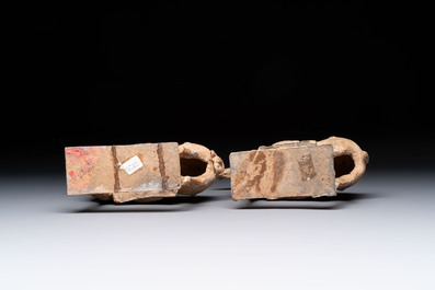 Five Chinese polychrome pottery figures, Sui/Tang/Ming