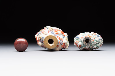 Four Chinese snuff bottles and three vases, 19th C.