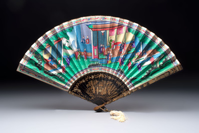 A Chinese Canton gilt-lacquered and painted paper fan with its original box, 19th C.