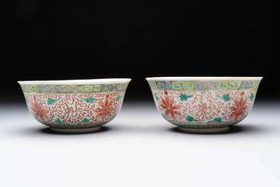 Seven Chinese famille rose bowls with floral design, various marks, 19/20th C.