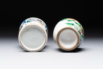 Four Chinese famille verte vases, a jar and a bowl, 19th C.
