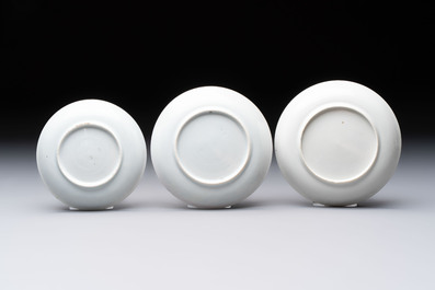 Three Chinese famille rose and grisaille cups and saucers, Qianlong