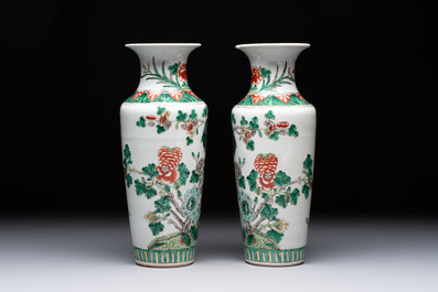 A pair of Chinese famille verte 'warriors' vases and a pair of 'birds among blossoming branches' vases, 19th C.