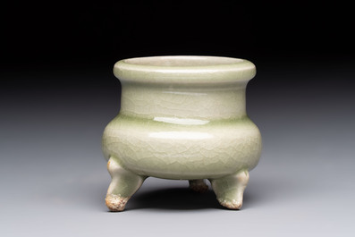 A rare and small Chinese Yaozhou celadon-glazed tripod censer, Jin