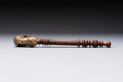 A Persian wooden pipe with bronze and steel mounts, Iran, 19th C.