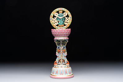 A rare Chinese famille rose Buddhist emblem altar ornament, Qianlong mark and of the period