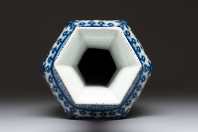 A Chinese blue and white hexagonal vase with floral design, Qianlong mark and of the period