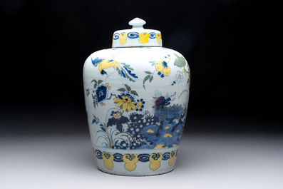 A blue, white and yellow Dutch Delft 'qilin' vase, 17th C.