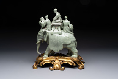 * A gilt-bronze-mounted celadon-glazed group of three figures riding an elephant, probably Samson, Paris, 19th C.