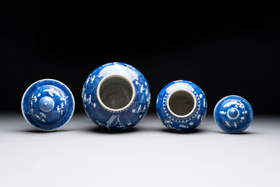 Eight Chinese blue and white 'prunus on cracked ice' wares, 19th C.