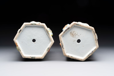 A pair of Chinese famille rose relief-moulded reticulated 'antiquities' hat stands, 19th C.