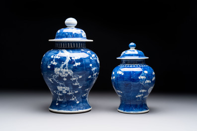 Eight Chinese blue and white 'prunus on cracked ice' wares, 19th C.