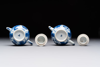 Three Chinese blue and white teapots, a cup and a saucer, Kangxi