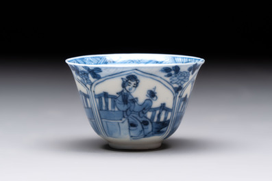 Three Chinese blue and white teapots, a cup and a saucer, Kangxi