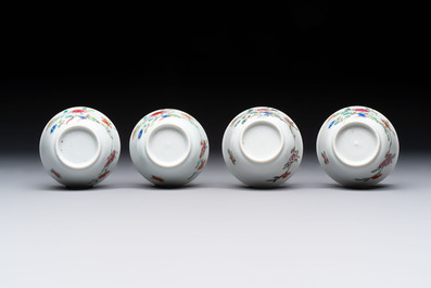 Seven Chinese famille rose cups and eleven saucers with floral design, Qianlong