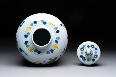 A blue, white and yellow Dutch Delft 'qilin' vase, 17th C.