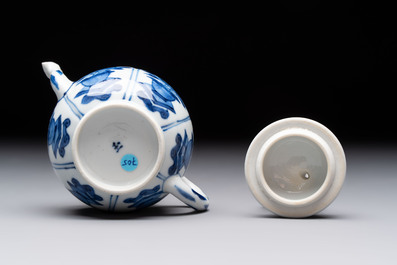Three Chinese blue and white teapots, a cup and a saucer, Kangxi