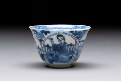 Three Chinese blue and white teapots, a cup and a saucer, Kangxi