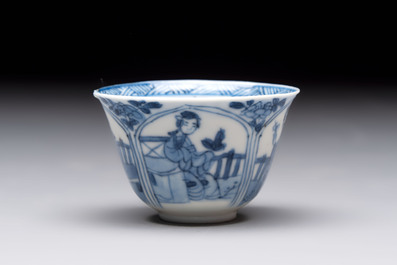 Three Chinese blue and white teapots, a cup and a saucer, Kangxi