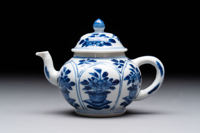 Three Chinese blue and white teapots, a cup and a saucer, Kangxi