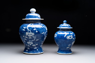 Eight Chinese blue and white 'prunus on cracked ice' wares, 19th C.