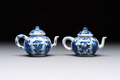 Three Chinese blue and white teapots, a cup and a saucer, Kangxi
