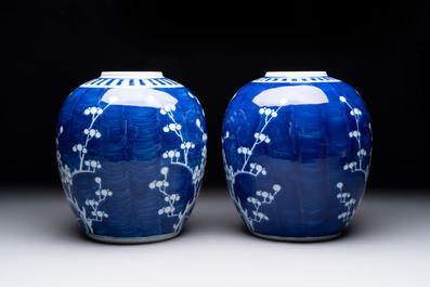 Eight Chinese blue and white 'prunus on cracked ice' wares, 19th C.