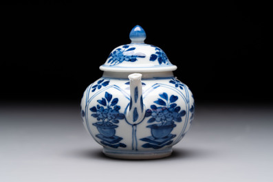 Three Chinese blue and white teapots, a cup and a saucer, Kangxi